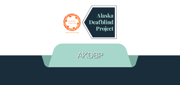 A graphic features the branding for the Alaska Deafblind Project. At the top center is a logo with orange circular icons and the phrase “WORKING TOGETHER,” followed by the website “www.sefsd.org.” To the right, a dark blue hexagon displays the text “Alaska Deafblind Project” in light green. Below, a rounded light green rectangle contains the acronym “AKDBP” in white. The background is divided into a white upper section and a dark blue lower section, creating a clean and structured layout.