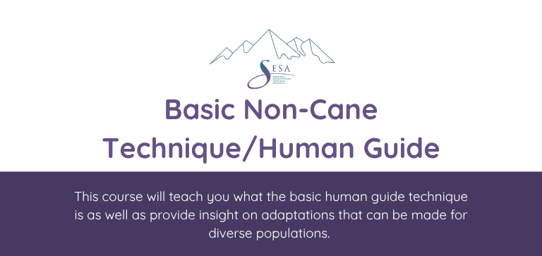 Title of the course: Basic Non-Cane Technique/Human Guide Description of the course: This course will teach you what the basic human guide technique is as well as provide insight on adaptations that can be made for diverse populations. Background: SESA logo over a white background.